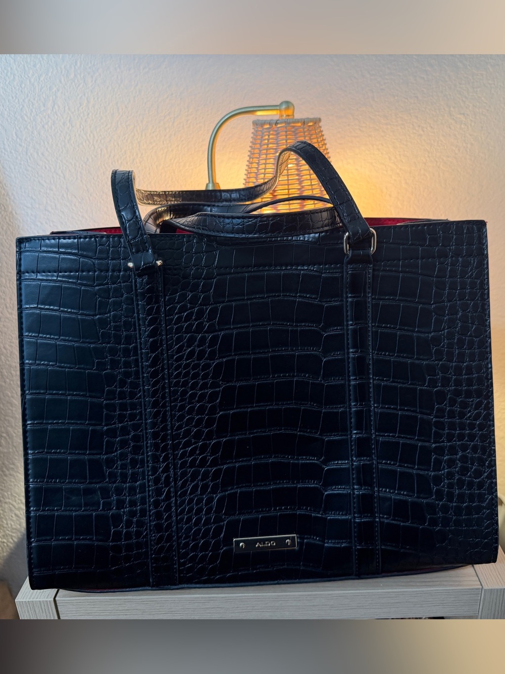 Aldo Black Croc-Embossed Tote with Red Interior